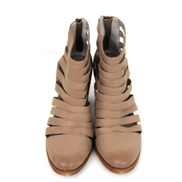 HINGE BEIGE GENUINE LEATHER STRAPPY MED HIGH HEEL BOOTIES BOOTS SHOES 7.5M - Picture 4 of 10